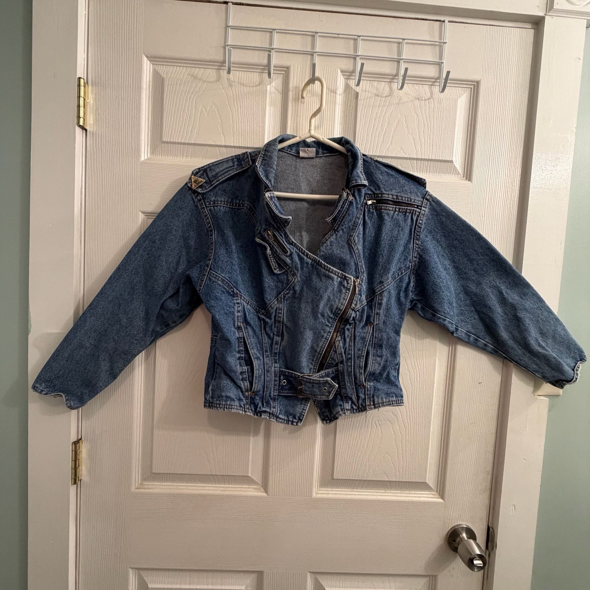 Vintage Bonny Jeans Made In Italy Denim Moto Biker Jacket Size L Metal Zippers